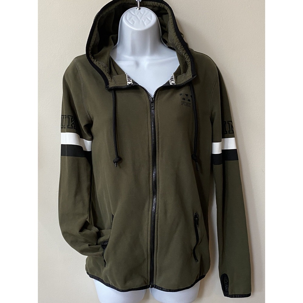 Victoria's Secret PINK Hoodie Jacket Size Small Army Green Thumb Loop Khaki Zip